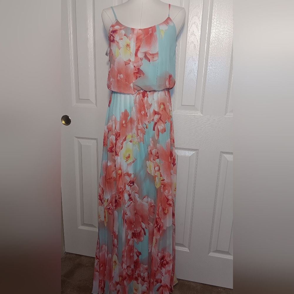 Bisou Bisou Floral Maxi Dress in Coral and Aqua
